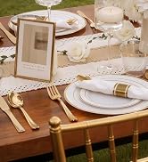 WDF Partyware 350Piece Gold Dinnerware Set for 50 Guests - Gold Plastic Plates with Disposable Cu...