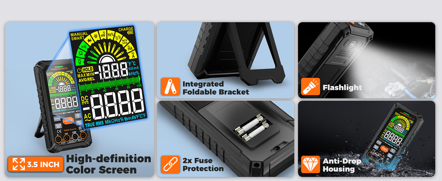 Color Screen, 2x Fuse Protection, Anti-Drop Housing, Integrated Foldable Bracket, Flashlight