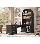 SEDETA 67" L Shaped Desk with Tall Arched Bookshelf, Mid-Century Office Computer Desk with 3 Draw...