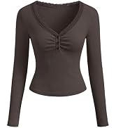 MEROKEETY Women's 2026 Fall Long Sleeve Tops V Neck Lace Trim Ruched Ribbed Button Henley Shirts ...