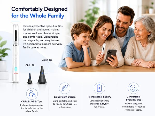 MOBI Smart Ear Camera with child and adult tips beside a family using it at home.