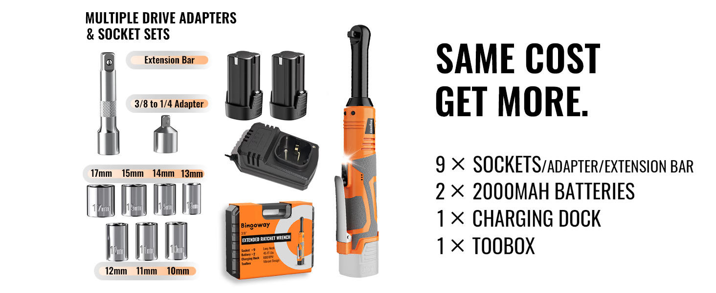 Bingoway 3/8" Extended Electric Ratchet Wrench Set