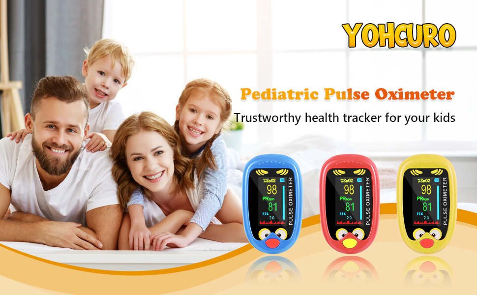 Three colorful pediatric pulse oximeters displayed in red, blue, and yellow versions, featuring digital displays and cartoon-style designs. Product branded as YONGURO.