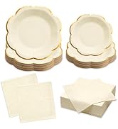 White Plates and Napkins Party Supplies for 20 Guests,White Scalloped Paper Plates with Gold Rim,...