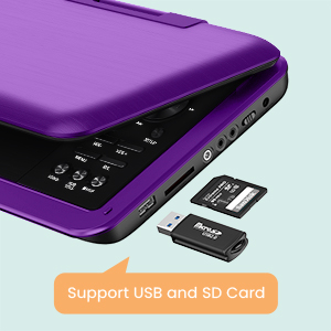 Text reads: 'Support USB and SD Card'. Purple external card reader device with multiple ports and compact design.