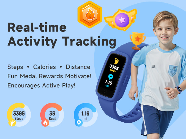 Text reads "Real-time Activity Tracking" with "Steps • Calories • Distance" and "Fun Medal Rewards Motivate!" Blue smartwatch interfaces showing activity stats, with star and medal icons.