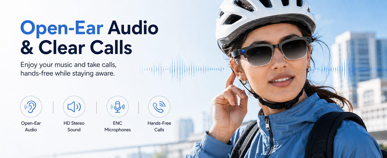 Open-ear AI smart glasses with HD stereo sound, ENC microphones, clear calls and hands-free audio.