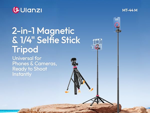 Text reads 'Ulanzi' and '2-in-1 Magnetic &amp; 1/4" Selfie Stick Tripod' with subtitle 'Universal for smartphones, action cameras. Ready to Shoot Instantly.' Blue product display with tripod against beach landscape.