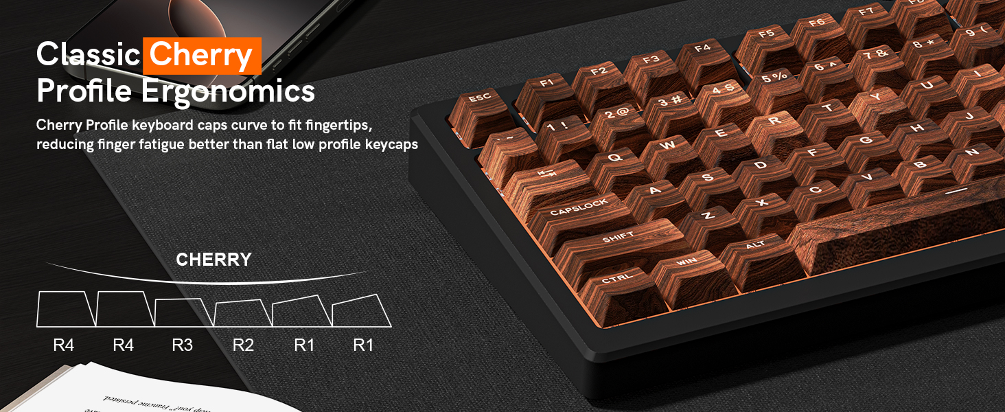 a keyboard with Classic Cherry Profile Ergonomics keycaps, which curve to fit fingertips