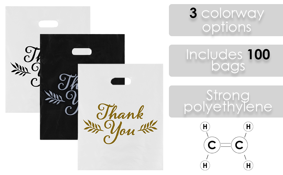 thank you merchandise bags strong plastic die cut handle black white glossy low density stores 