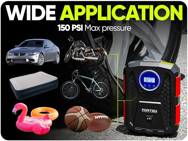 FORTEM tire inflator with car background, PSI features quick inflation, strong motor, compact size