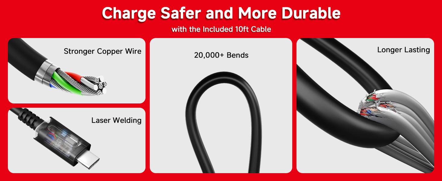 Charge Safer and More Durable with the Included 10ft Cable