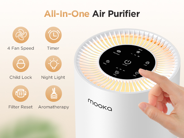 Mooka all-in-one air purifier control panel with touch screen display, showing multi-functiona