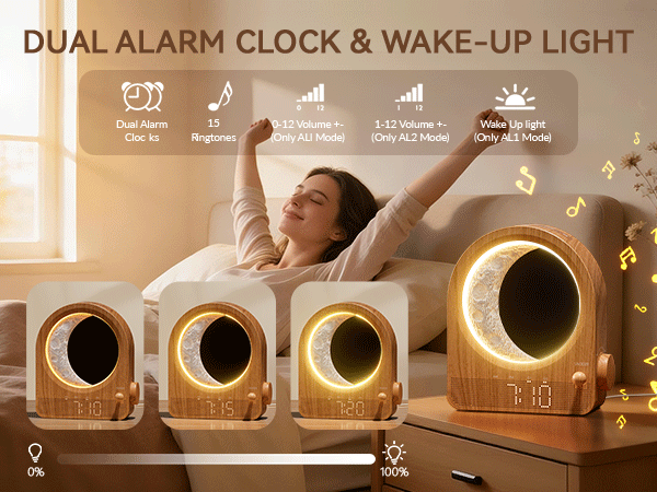 Text reads 'DUAL ALARM CLOCK &amp; WAKE-UP LIGHT'. Product evolution showing four versions of wooden alarm clock with circular light display, icons showing various functions.