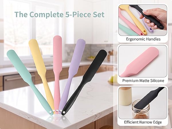 5-piece macaron multicolor silicone spatula set, showcasing spreading jam on toast