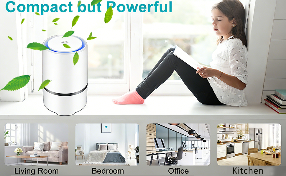 Text reads 'Compact but Powerful' and shows labeled areas: 'Living Room', 'Bedroom', 'Office', 'Kitchen'. Product demonstration in different home environments.