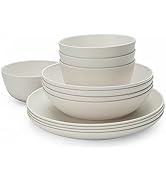 LEHAHA Bamboo White Kitchen Plates and Bowls Set, 12 Piece non-breakable Melamine Dinnerware Sets...