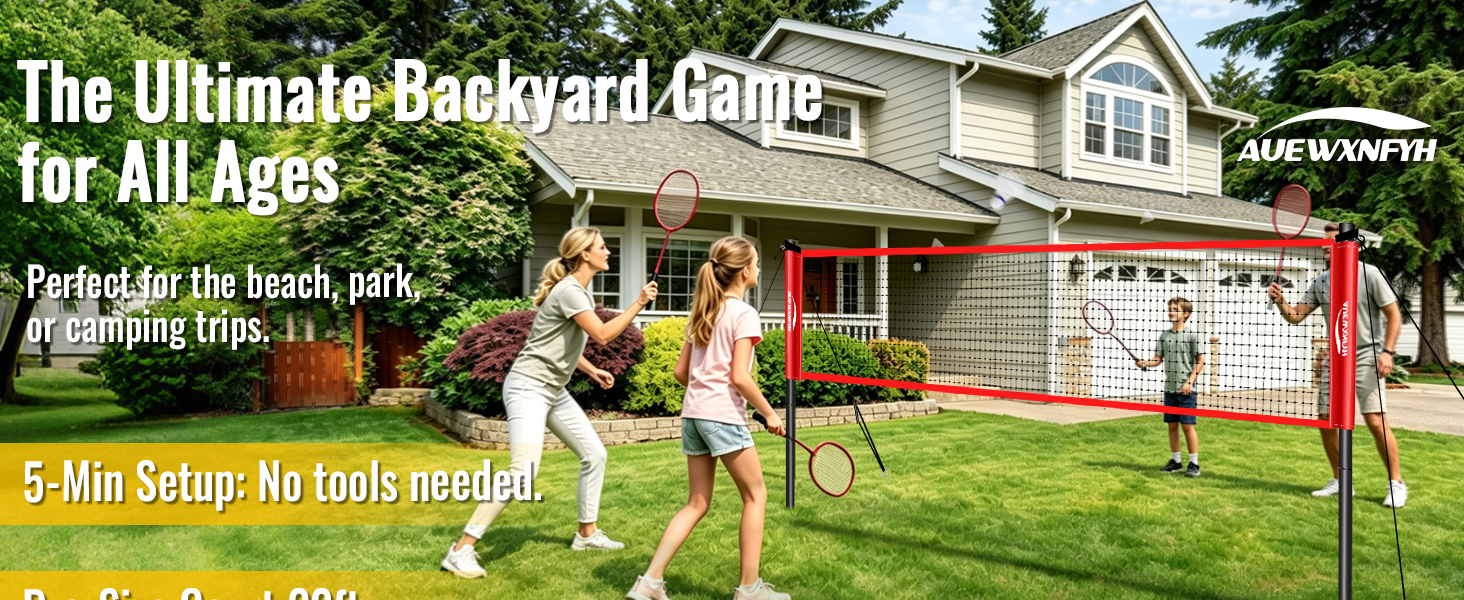 Portable badminton net set with carbon aluminum rackets for backyard, beach and lawn games.