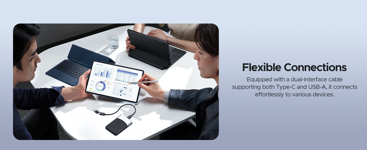 People using tablets and smartphones in a business setting. Text overlay reads 'Flexible Connections', indicating device connectivity or collaboration features.