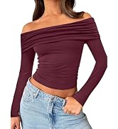 Trendy Queen Women Long Sleeve Shirts Off Shoulder Tops Going Out Crop Sexy Slim Fitted Y2K Fall ...