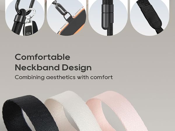 Text reads 'Comfortable Neckband Design' and 'Combining aesthetics with comfort'. Product infographic showing four circular icons demonstrating neckband features.
