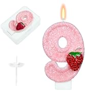Number 9 Pink Strawberry Birthday Candles &amp; Cake Topper - Strawberry Themed Number Candles Birthd...