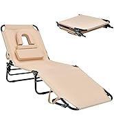 Goplus Tanning Chair, Folding Beach Lounge Chair w/Face Hole, 350LBS Capacity, Removable Pillow, ...