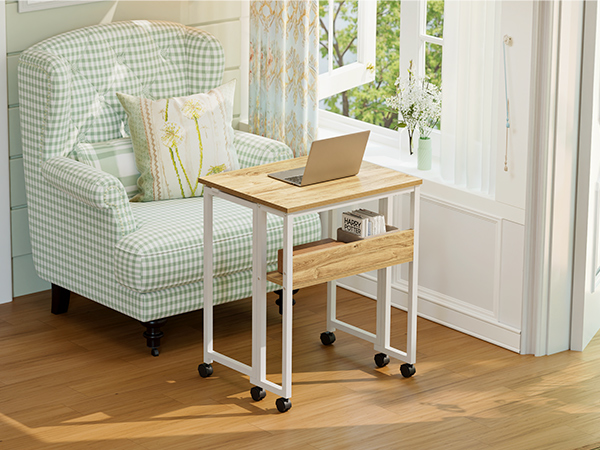 Series of three images showing a mobile side table with wheels positioned next to a mint green checkered armchair in a sunny room with hardwood floors.