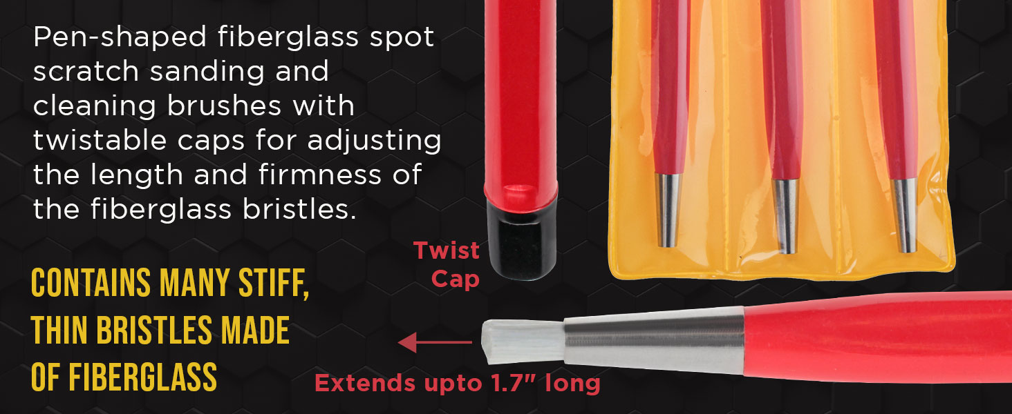 3-Pack Fiberglass Scratch Brush Pens - Clean, Sand, Remove Rust, Prep Paint Scratches, Polish Metals