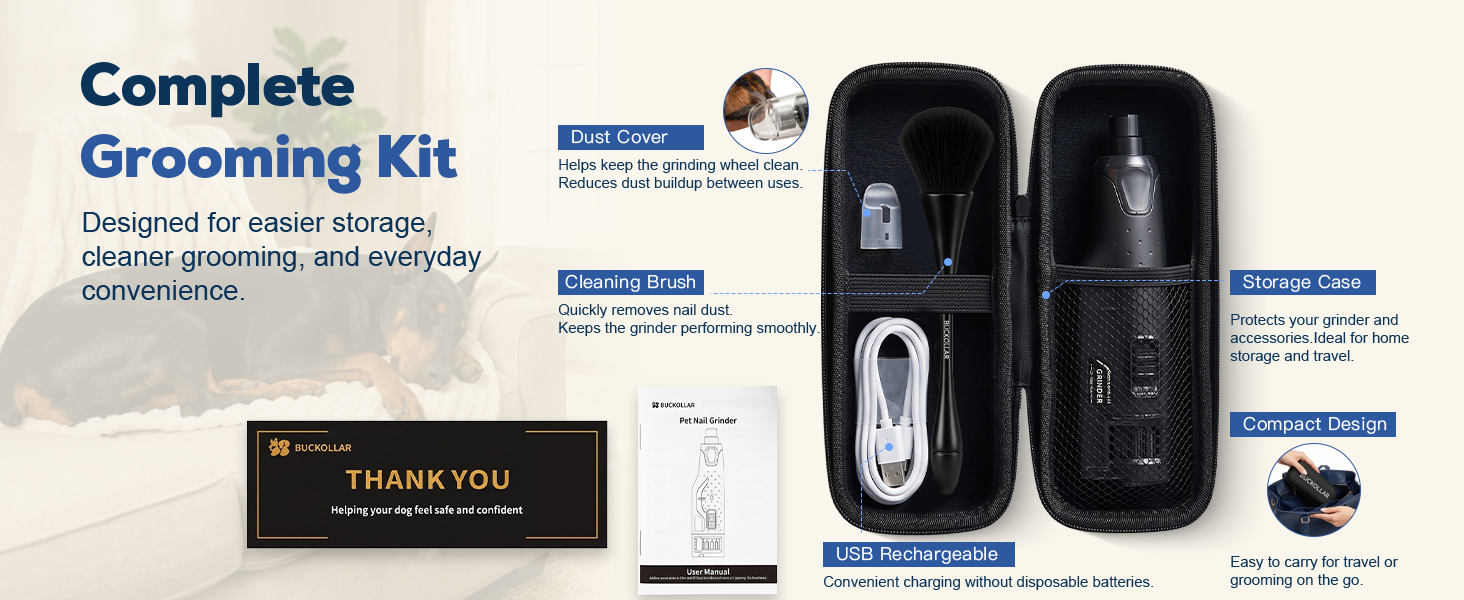 BUCKOLLAR dog nail grinder kit with storage case and accessories.