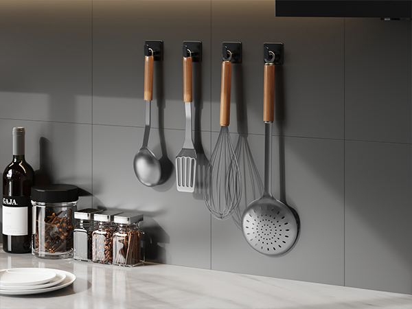 Kitchen wall hooks for utensils, hang ladles, spatulas, whisks and other cooking tools to save space