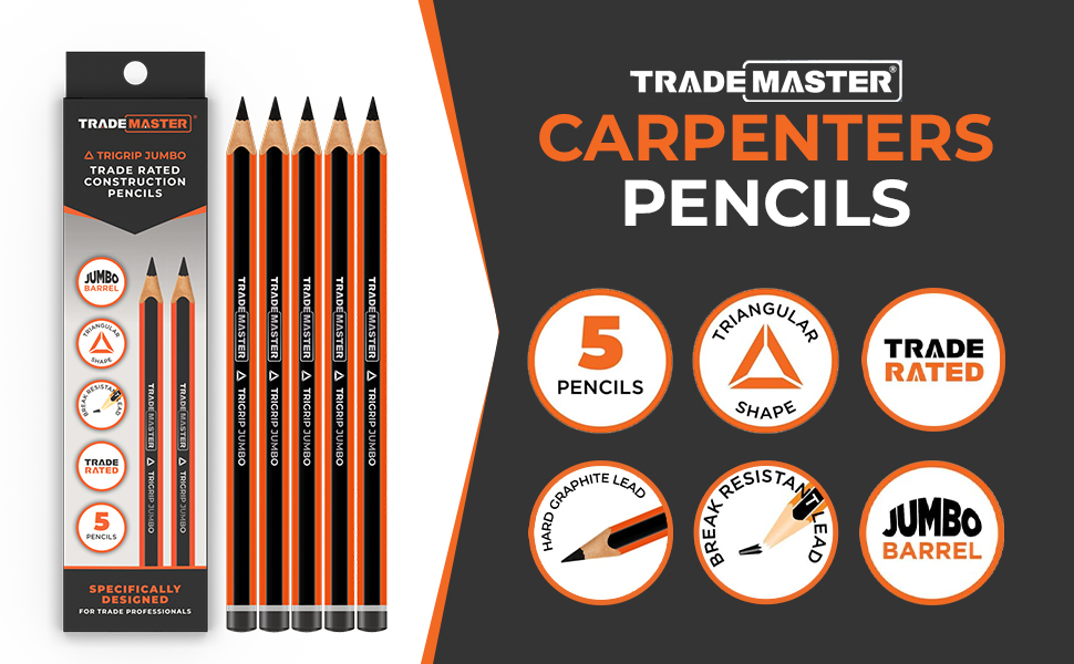 Trademaster Carpenters Pencils set. Orange pencils with black text, packaging shows features like extra-hard lead and jumbo barrel.
