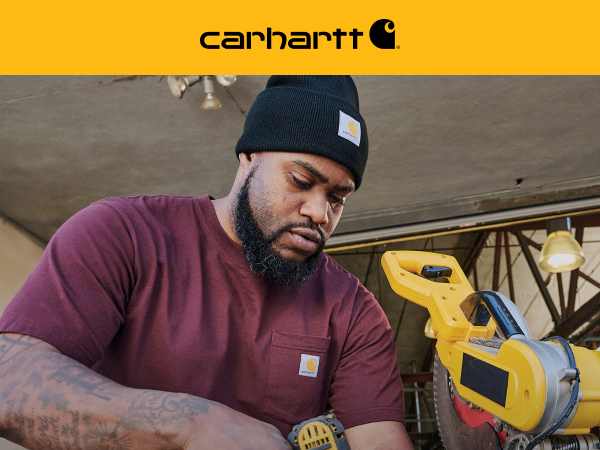 Carhartt, Image of man wearing black beanie and maroon pocket tee working with power tools