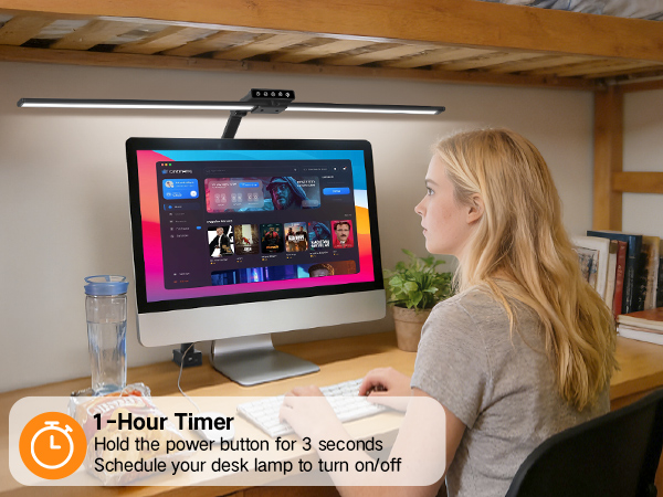 Text reads: '1-Hour Timer' and 'Schedule your desk lamp to turn off!' LED desk lamp mounted above computer monitor on wooden desk, showing multiple usage angles.