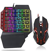 One Hand RGB Gaming Keyboard and Backlit Mouse Combo, USB Wired Rainbow Letters Glow Single Hand ...
