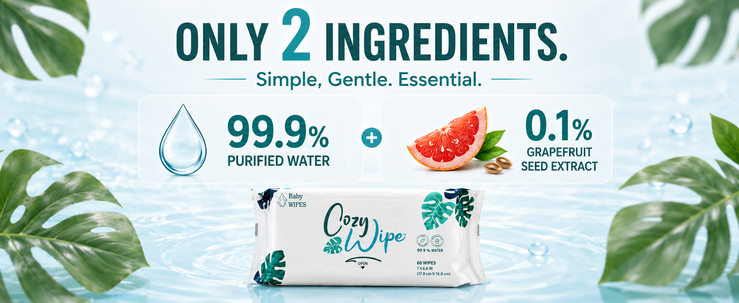 Cozy Wipe baby wipes made with 99.9% purified water and 0.1% grapefruit seed extract.