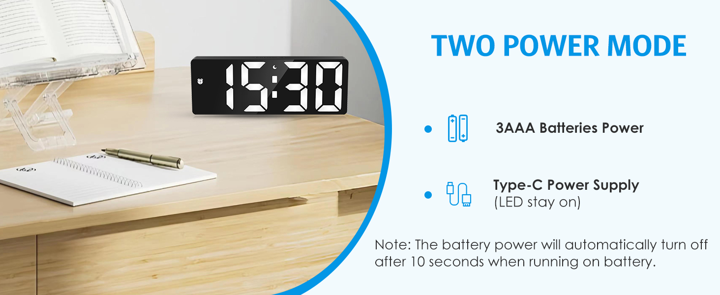 Digital Alarm Clock Large Display, LED Alarm for Bedroom, Type-C/Battery Powered Bedside Alarm Clock