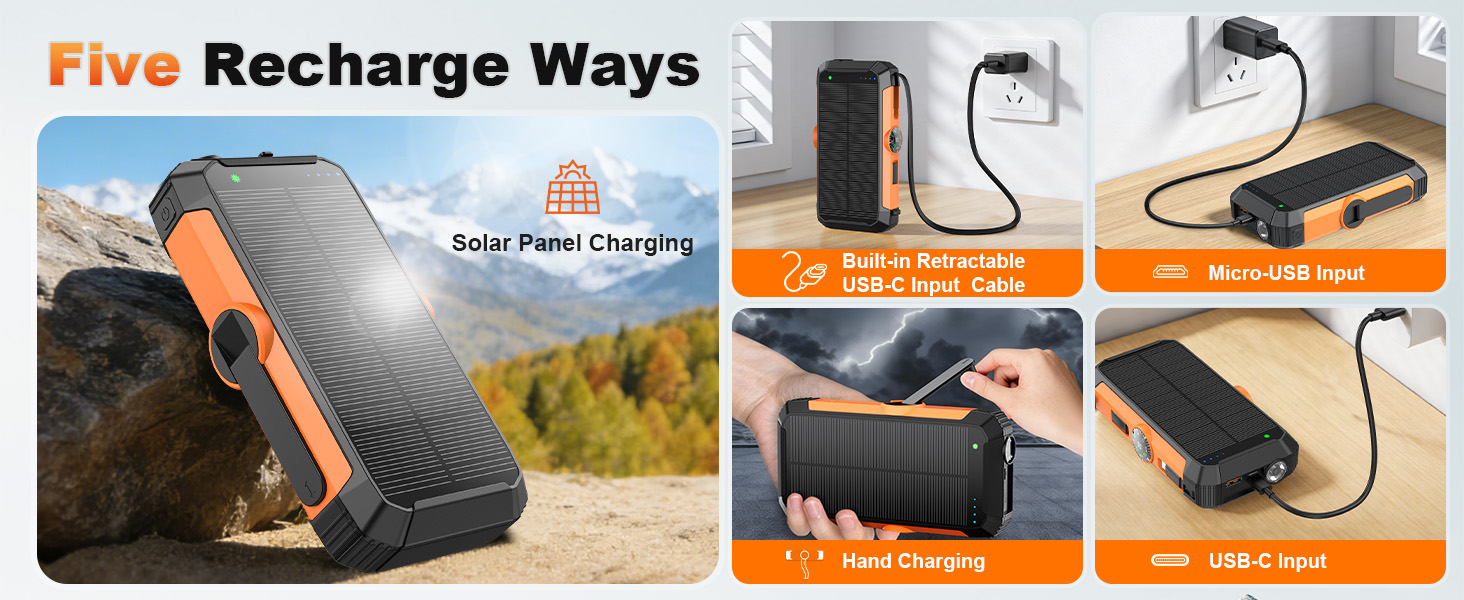 solar battery pack offers 5 input methods:charge via solar power, a wall outlet , or the hand crank.
