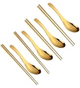 Chinese Metal Soup Spoons and Chopsticks Set for 4 People, Reusable Stainless Steel Ramen Short H...
