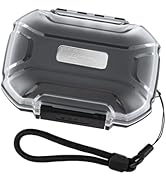 Transparent protective case with rugged black borders, reinforced corners, and attached wrist strap. Appears waterproof with secure locking mechanism.