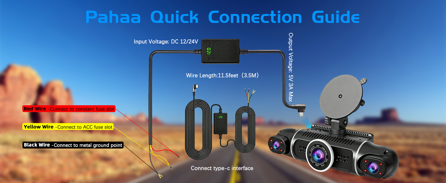 Dash cam Hardwired kit, USB-C Hardwired Cable kit, 12V-24V to 5V Hardwired Cable kit