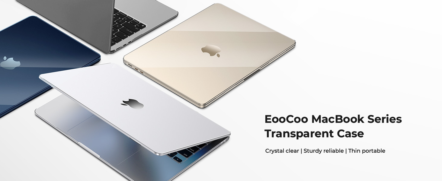 EooCoo MacBook Series Transparent Case displayed in four colors: navy blue, gold, white, and light blue, showing slim protective laptop covers.