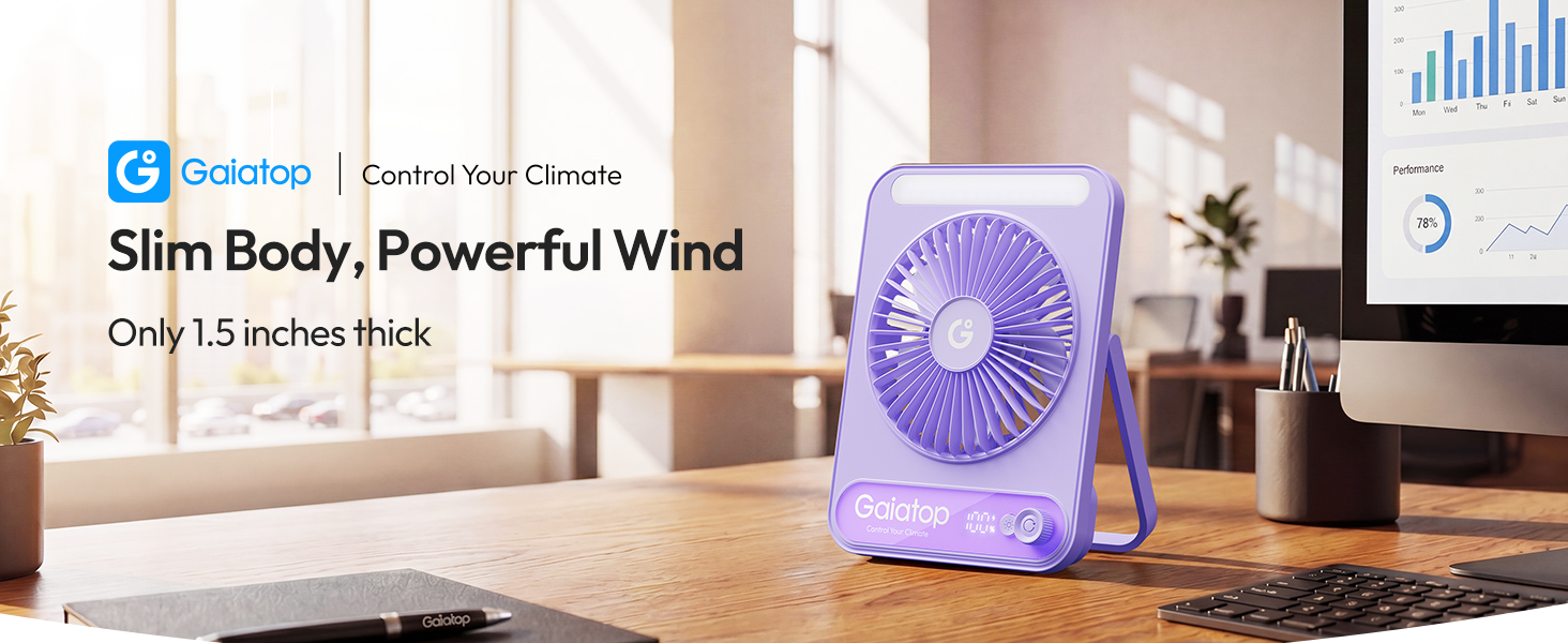 Portable fan with slim design for desk and bedroom cooling