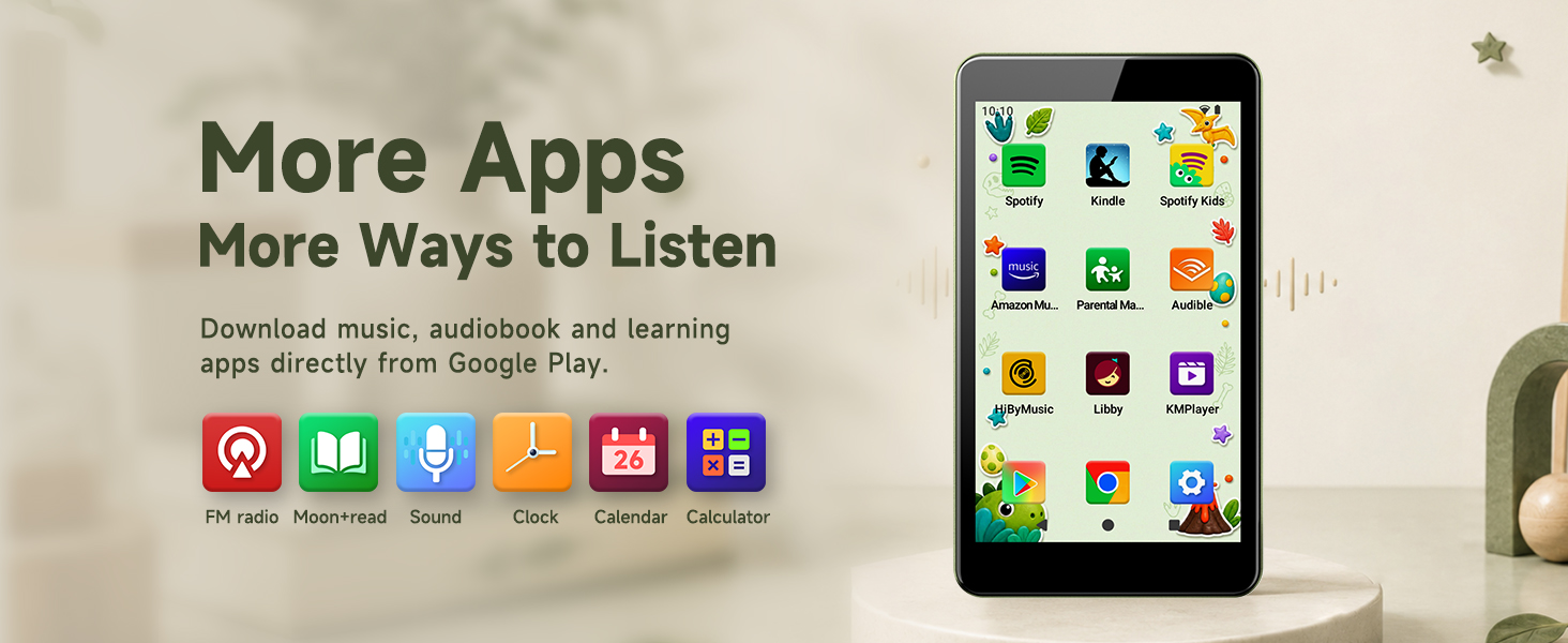 Sage green PECSU G4 with Google Play, Android 14, parental controls, and expandable storage.