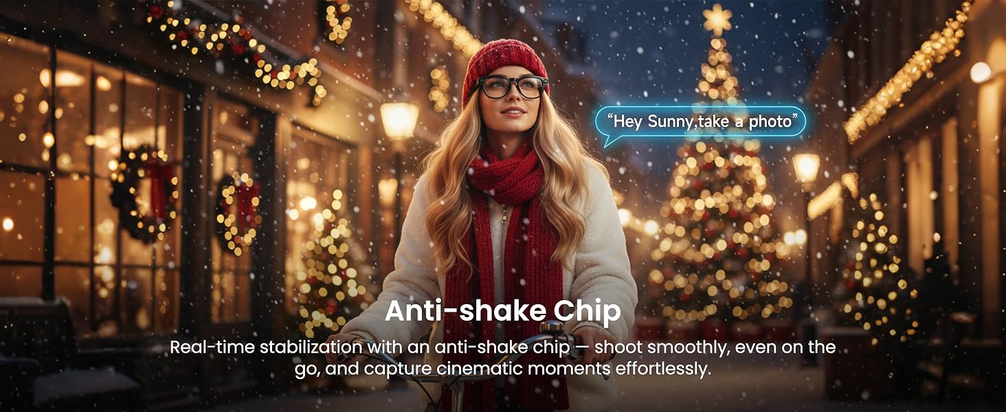 Text reads 'Anti-shake Chip'. Festive indoor scene with decorated Christmas tree, warm lighting, and holiday decorations.