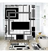Onalasyc 4Pcs Black Geometric Shower Curtain with Rugs Set Waterproof Black Bathroom Sets with Sh...