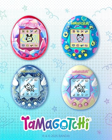 four original tamagotchi devices over the tamagotchi logo