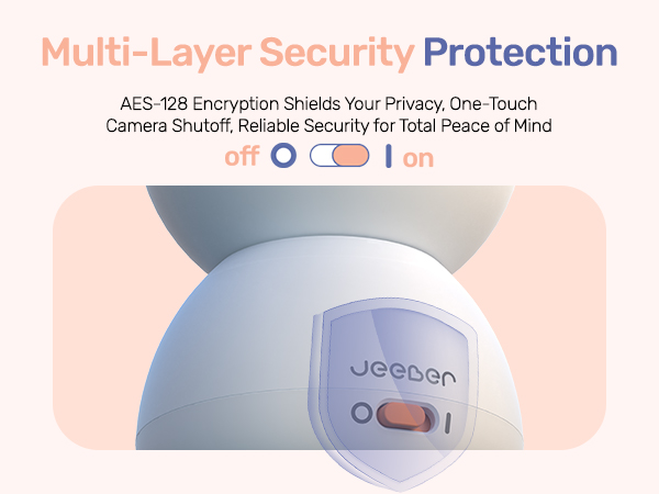 Text reads 'Multi-Level Security Protection' and 'AES-128 Encryption Shields Your Privacy, One-Touch Camera Shutter Reliable Security for Total Peace of Mind.' Purple security device with toggle switch.