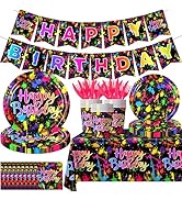 142pcs Neon Party Supplies-Glow Party Plates and Napkins Tableware, Disposable Neon Glow Birthday...