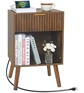 Fultyle Mid Century Modern Nightstand with Charging Station, Modern Bedside Table with Fluted Dra...